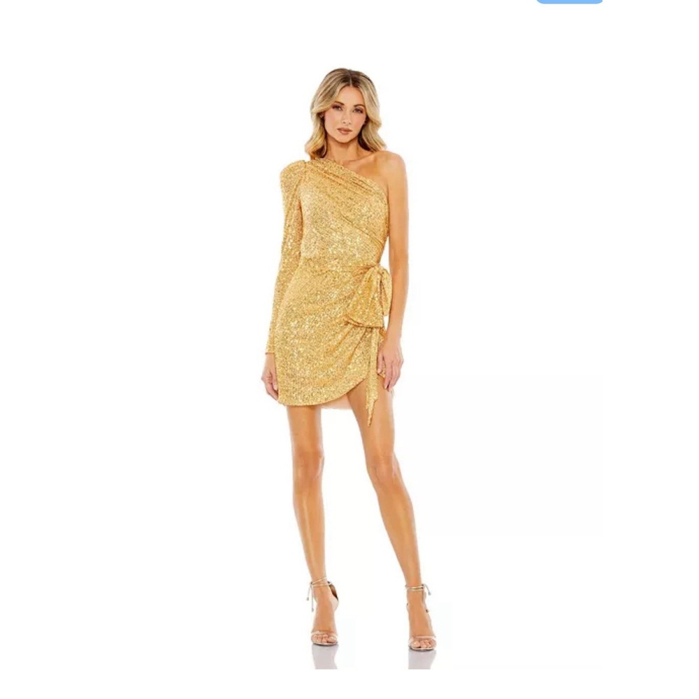 NWT Mac Duggal One Shoulder Gold Sequin Dress W/ Side Bow, Sizes 2 & 4
